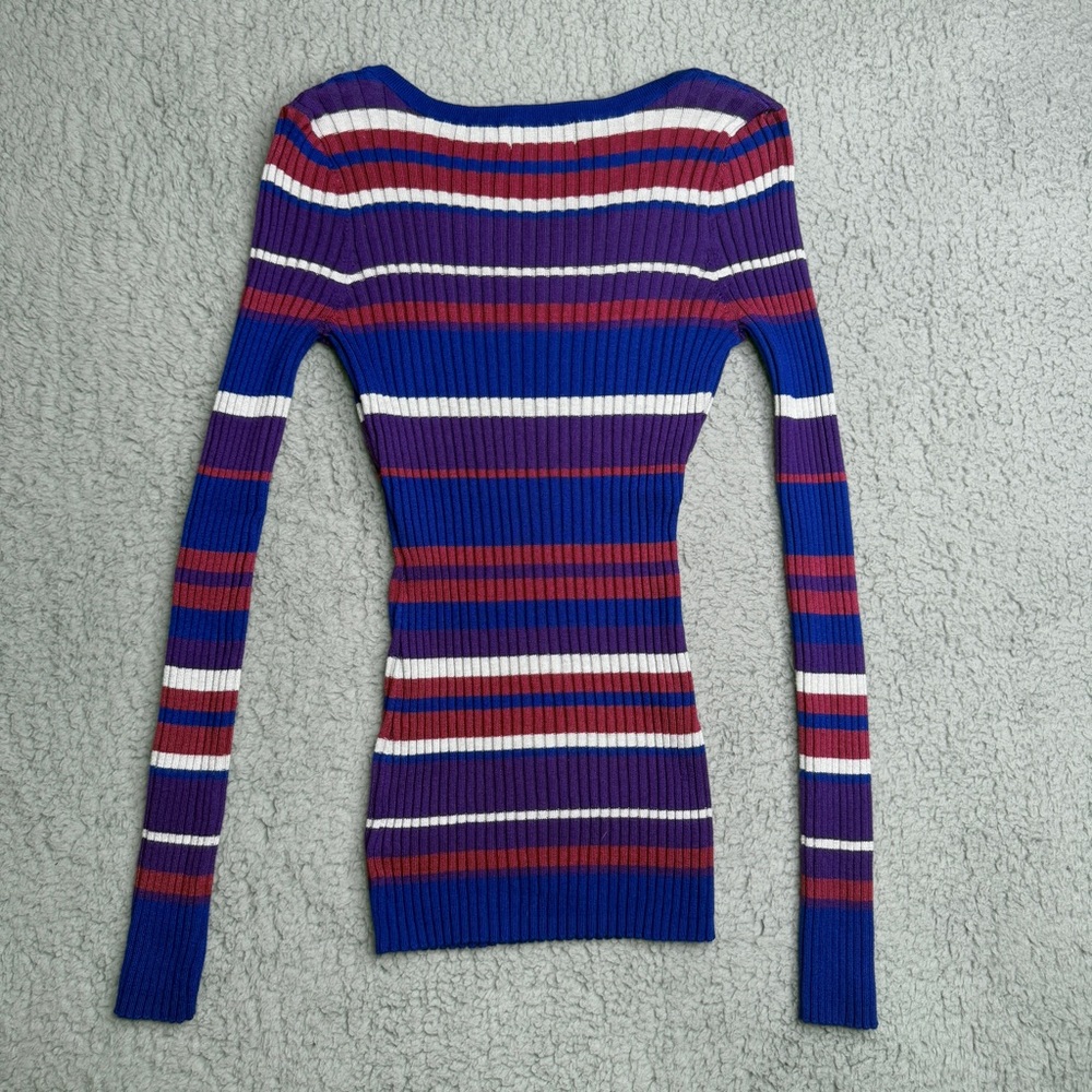 Arizona Jeans ribbed lace up striped sweater top blue purple white size S Y2K - Picture 6 of 8